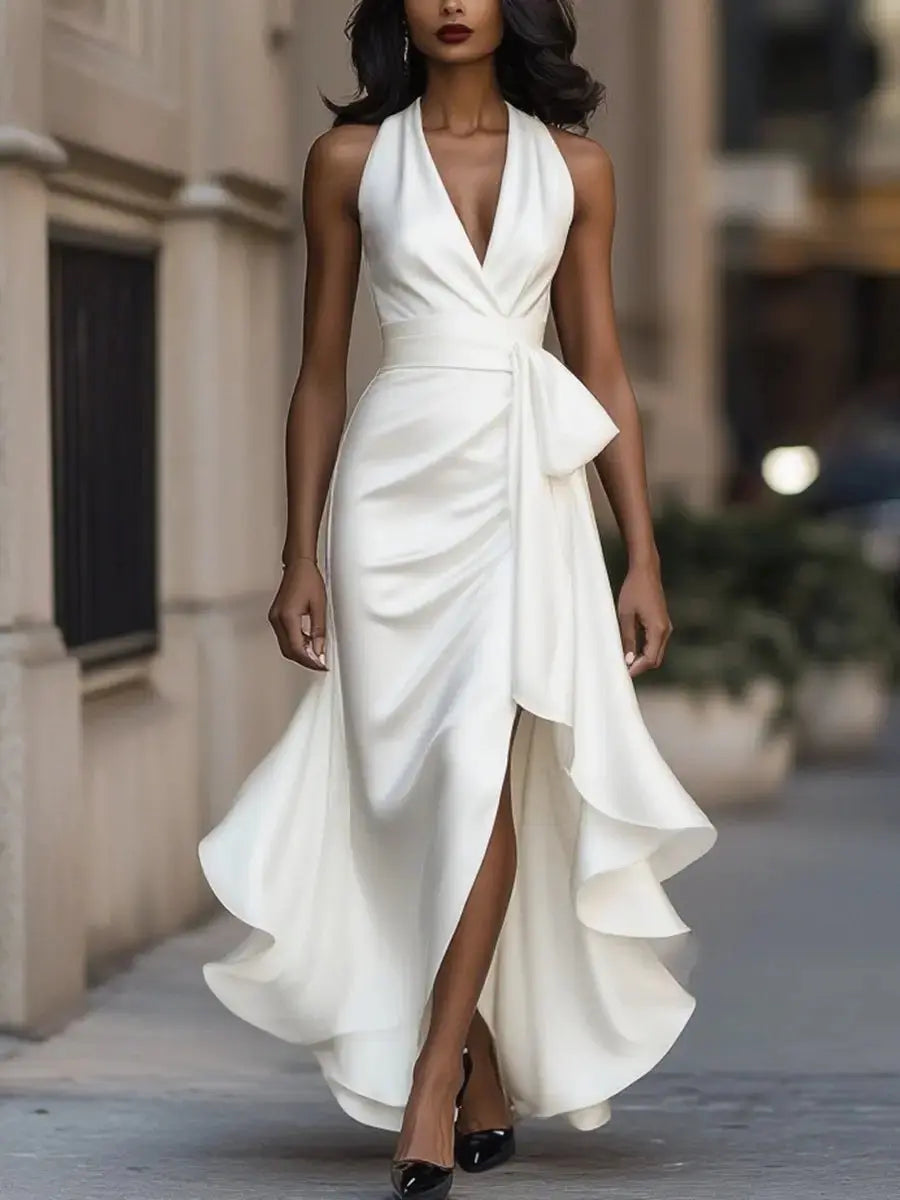 Women's Satin Halter-Neck High-Low Cocktail Party Dress Bow Waist - White