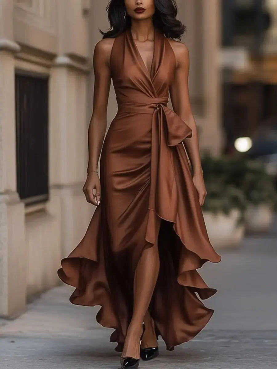 Women's Satin Halter-Neck High-Low Cocktail Party Dress Bow Waist - Brown