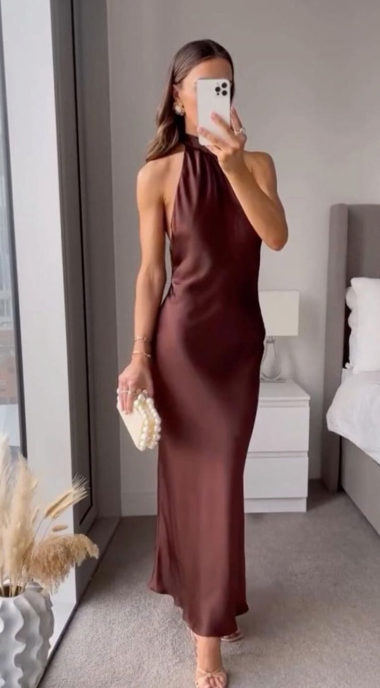 Women's Satin Halter-Neck Maxi Party Dress - Brown