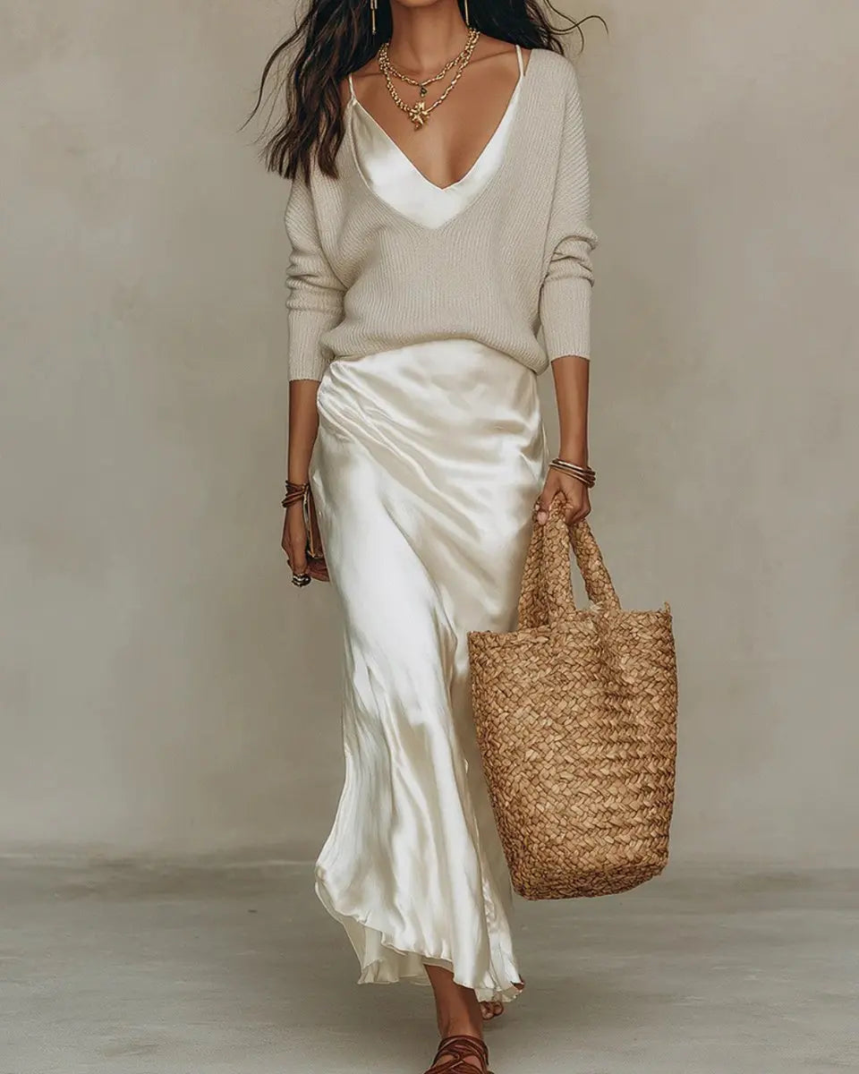 Women's Satin Midi Long Sleeve Dress Layered Knit Jumper Set