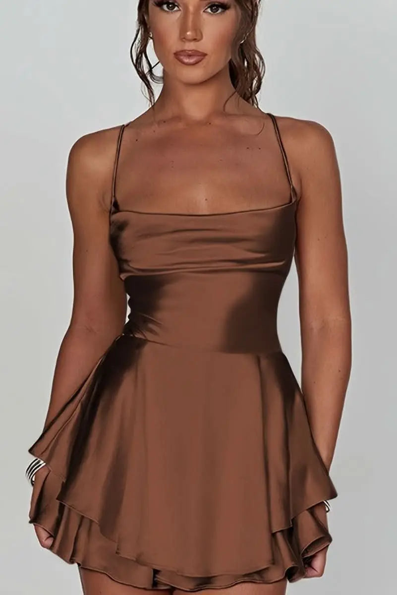 Women's Satin Square-Neck Ruched Waist Flared Mini Cocktail Dress - Coffee Brown