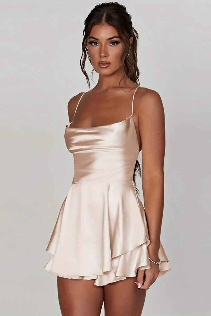 Women's Satin Square-Neck Ruched Waist Flared Mini Cocktail Dress - Milky White