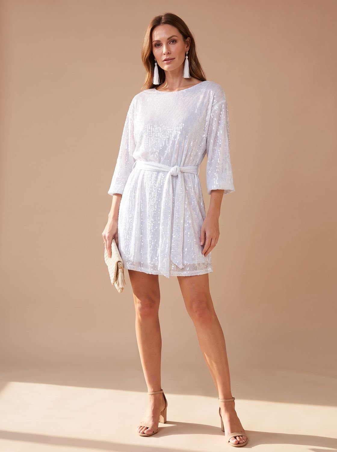 Women's Sequin Asymmetric Draped-Sleeve Christmas Party Mini Dress - White