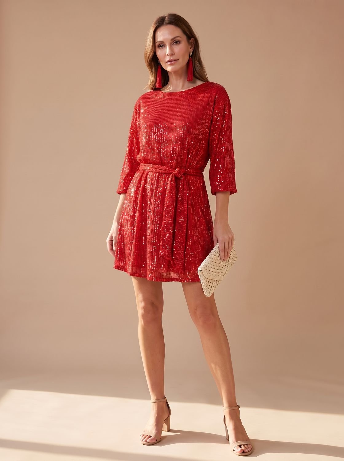 Women's Sequin Asymmetric Draped-Sleeve Christmas Party Mini Dress - Red