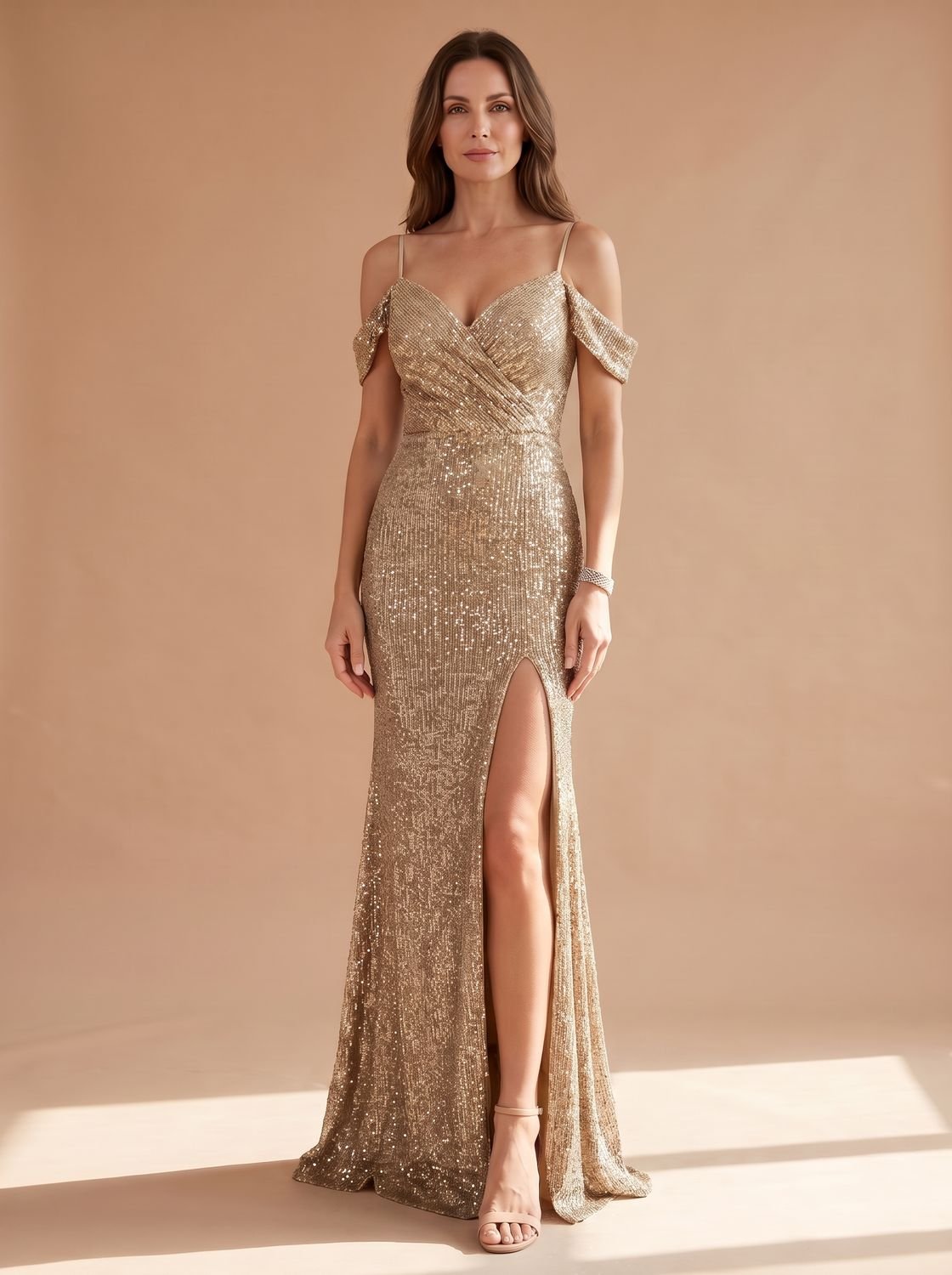 Women's Sequin Cold-Shoulder Maxi Christmas Party Dress - Champagne