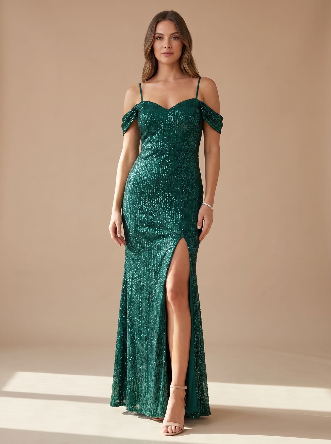 Women's Sequin Cold-Shoulder Maxi Christmas Party Dress - Dark Green