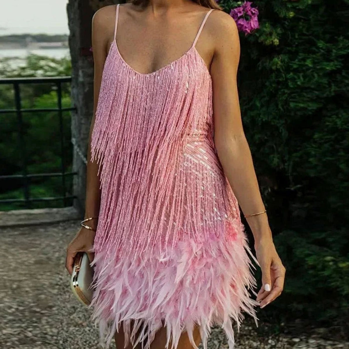 Women's Sequin Feather-Trim Spaghetti Strap Evening Mini Party Dress - Pink