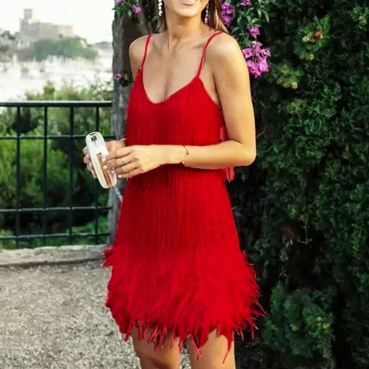 Women's Sequin Feather-Trim Spaghetti Strap Evening Mini Party Dress - Red
