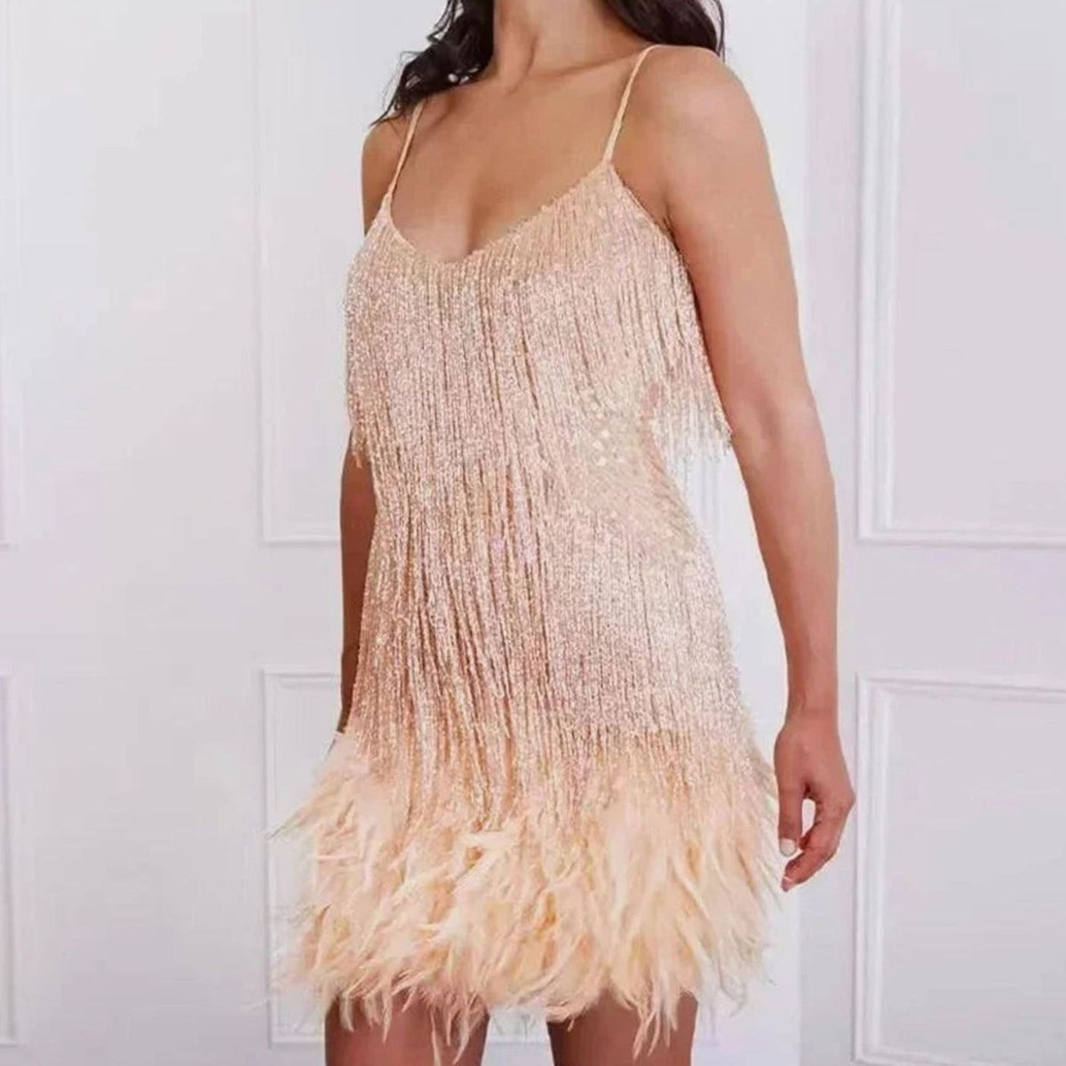 Women's Sequin Feather-Trim Spaghetti Strap Evening Mini Party Dress
