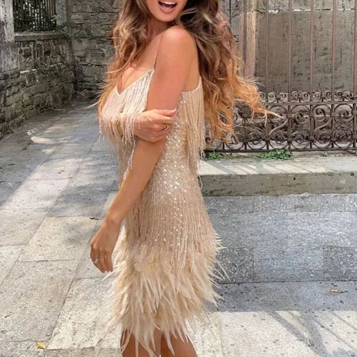 Women's Sequin Feather-Trim Spaghetti Strap Evening Mini Party Dress