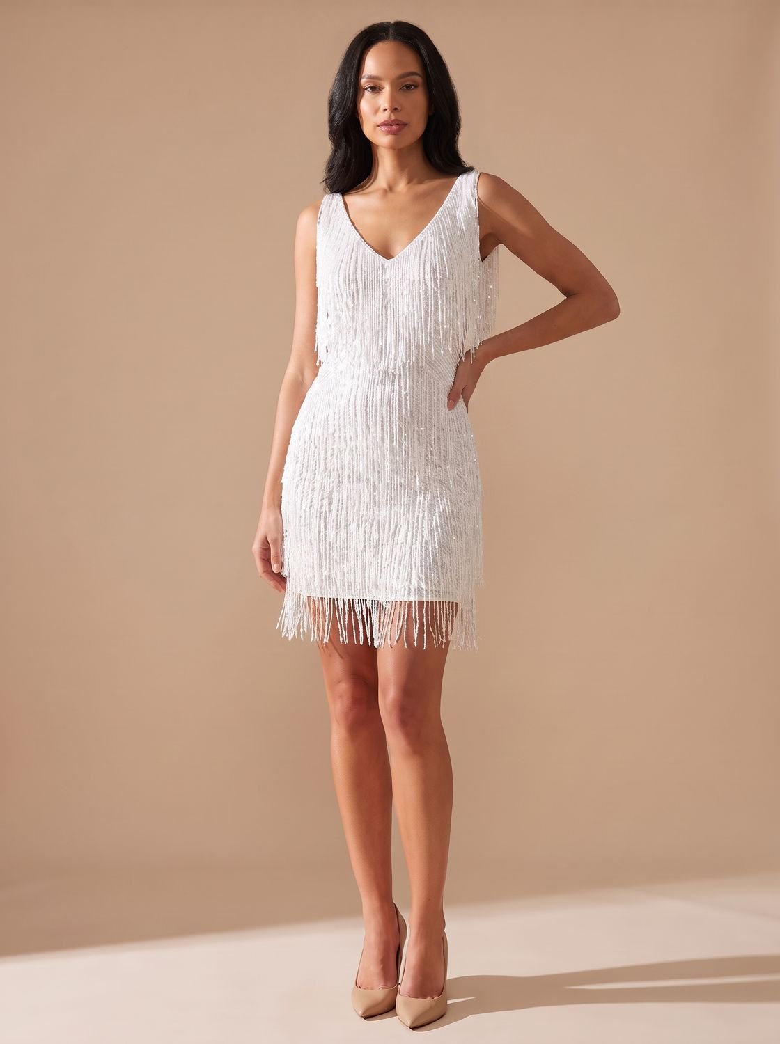Women's Sequin Fringe A-Line Mini Christmas Party Dress - White