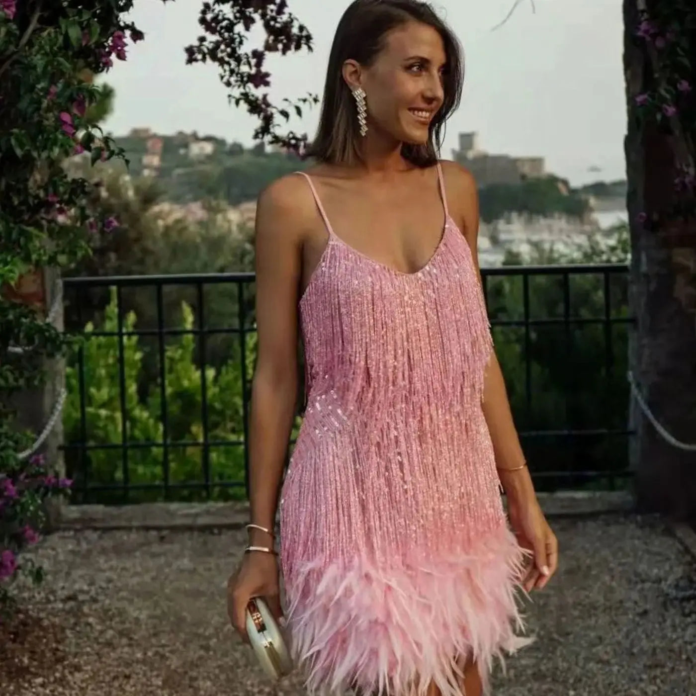 Women's Sequin Fringe Feather Trim Spaghetti Strap Cocktail Dress - Light Pink