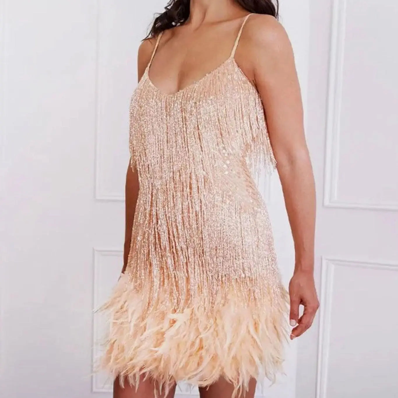 Women's Sequin Fringe Feather Trim Spaghetti Strap Cocktail Dress - Beige