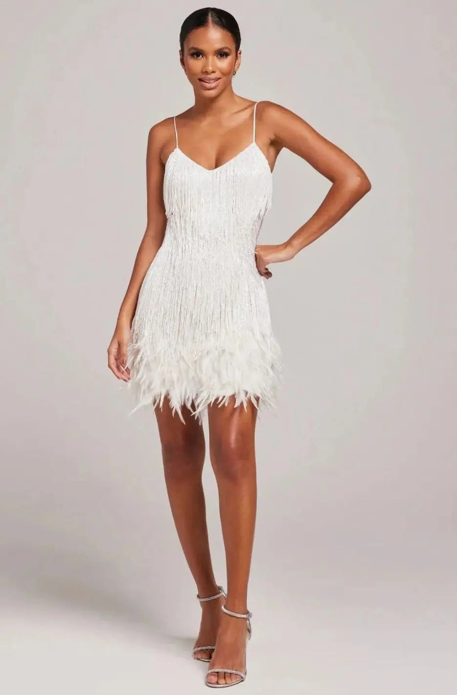Women's Sequin Fringe Feather-Trim Spaghetti-Strap Mini Dress - White