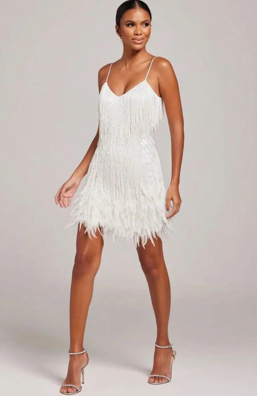 Women's Sequin Fringe Feather-Trim Spaghetti-Strap Mini Dress