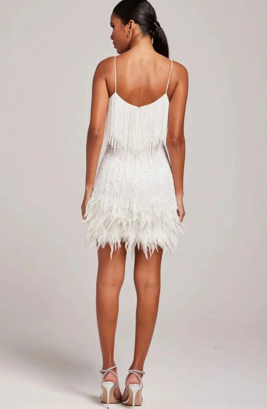 Women's Sequin Fringe Feather-Trim Spaghetti-Strap Mini Dress