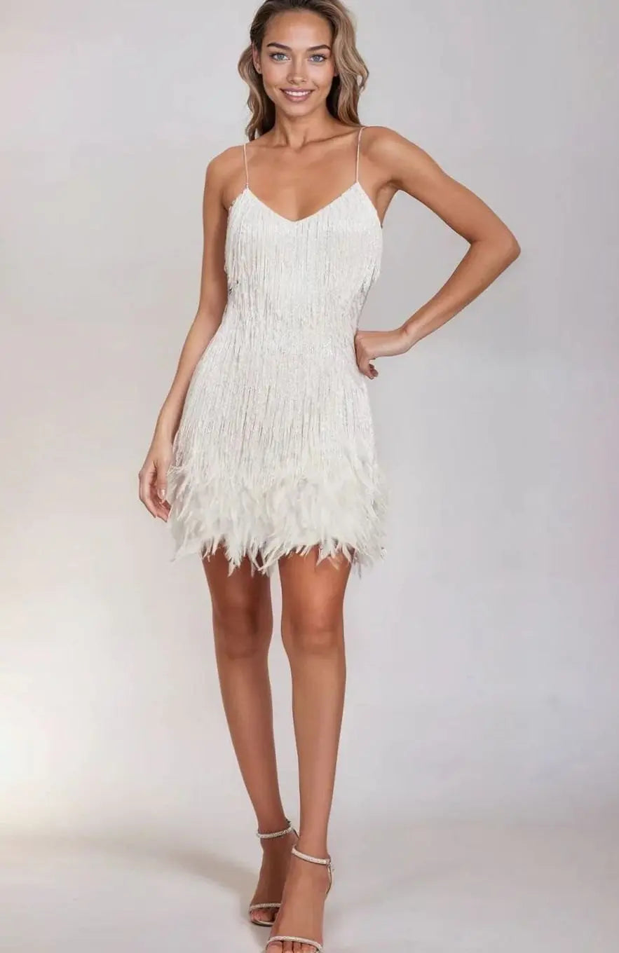Women's Sequin Fringe Feather-Trim Spaghetti-Strap Mini Dress