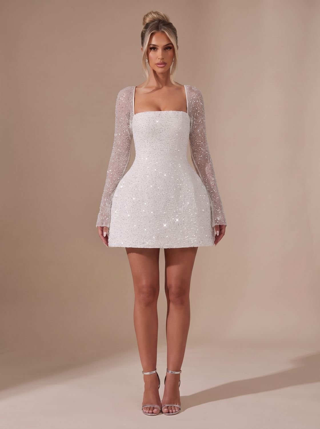 Women's Sequin Long-Sleeve Square-Neck Mini Christmas Party Dress