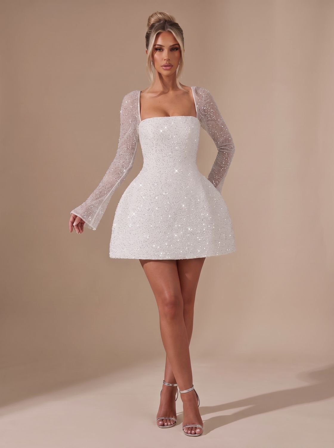 Women's Sequin Long-Sleeve Square-Neck Mini Christmas Party Dress