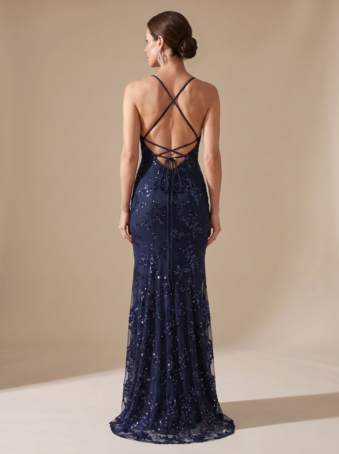 Women's Sequin Mermaid Maxi Christmas Party Dress Spaghetti Strap V-Neck