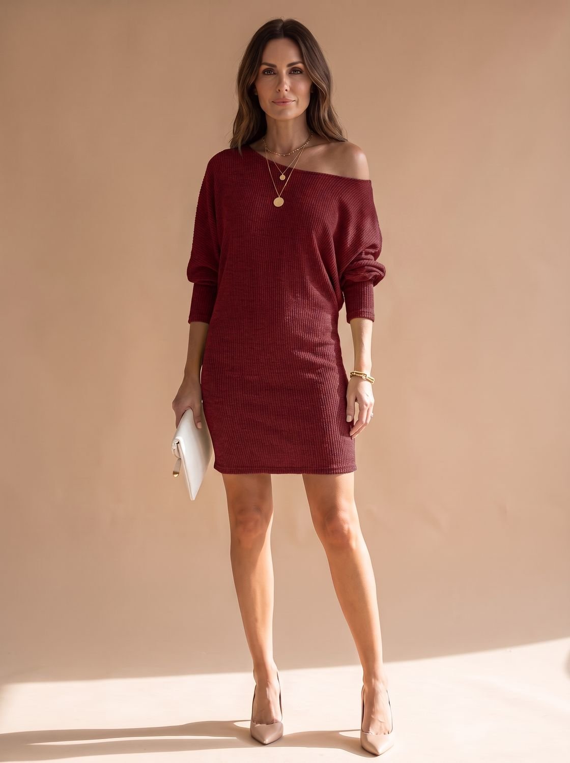 Women's Sequin Off-Shoulder Long Sleeve Mini Christmas Party Dress - Claret