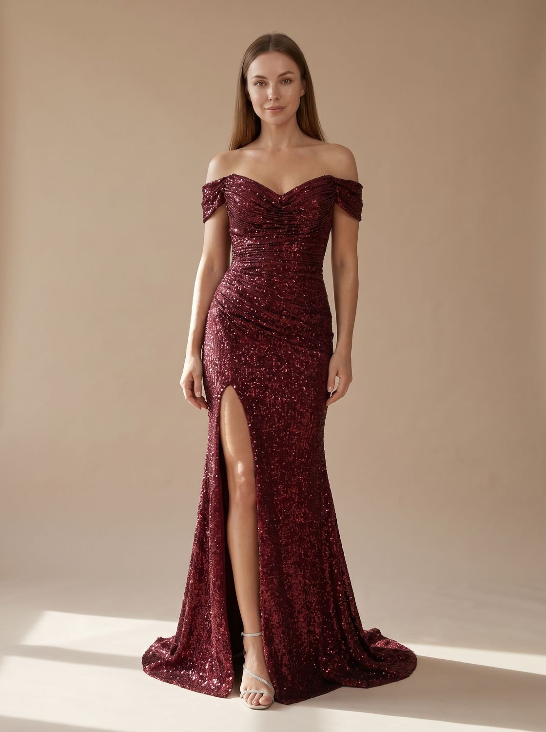 Women's Sequin Off-Shoulder Maxi Christmas Party Dress Side Slit - Burgundy
