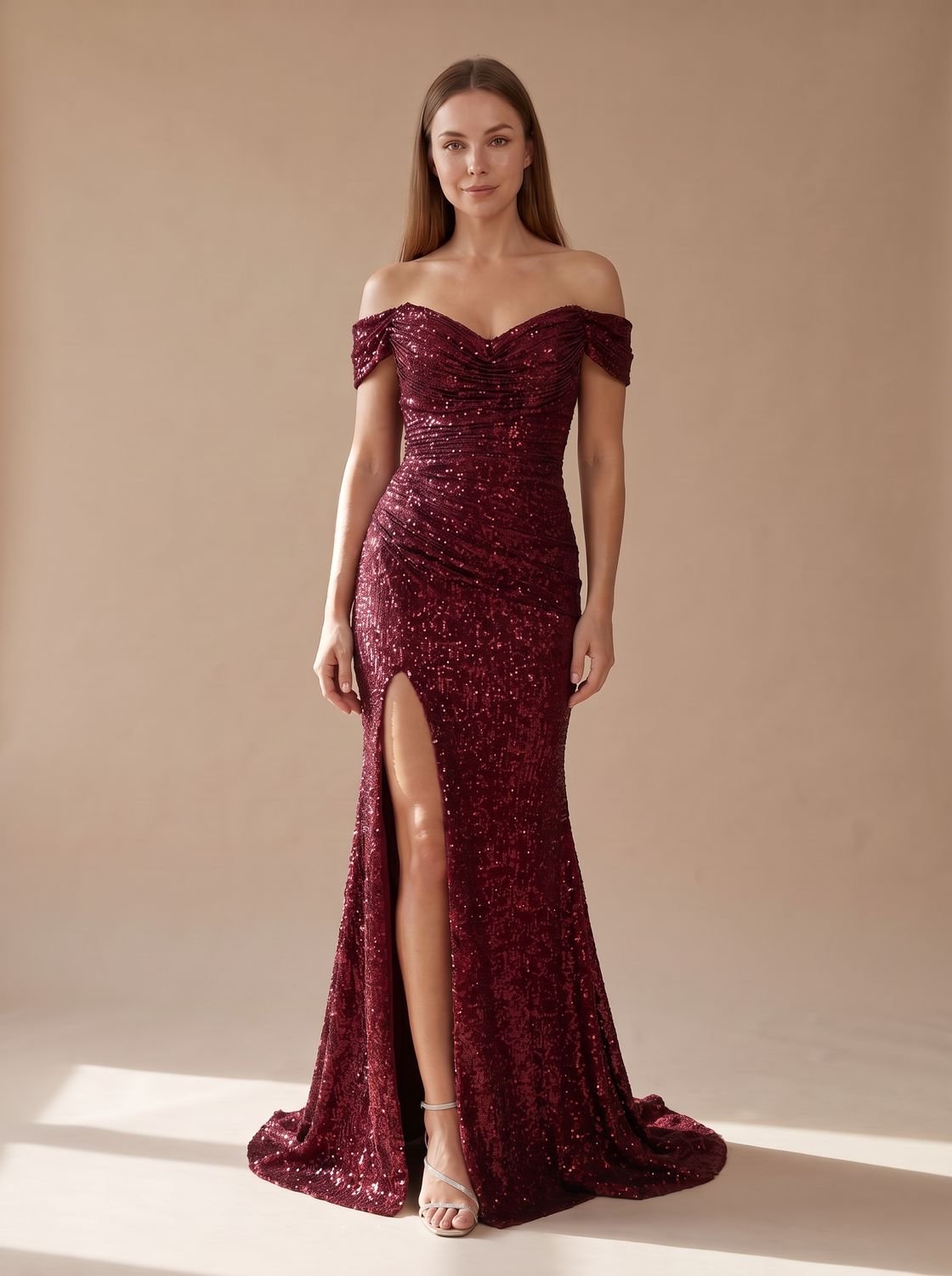 Women's Sequin Off-Shoulder Maxi Christmas Party Dress Side Slit