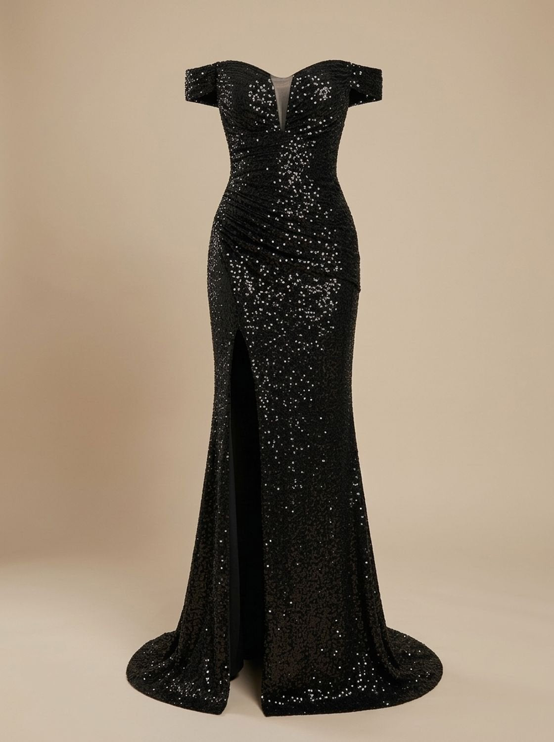 Women's Sequin Off-Shoulder Maxi Christmas Party Dress Side Slit - Black