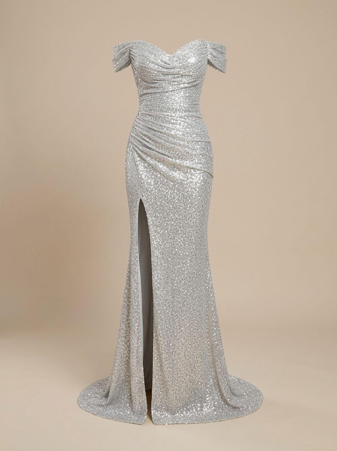 Women's Sequin Off-Shoulder Maxi Christmas Party Dress Side Slit - Silver