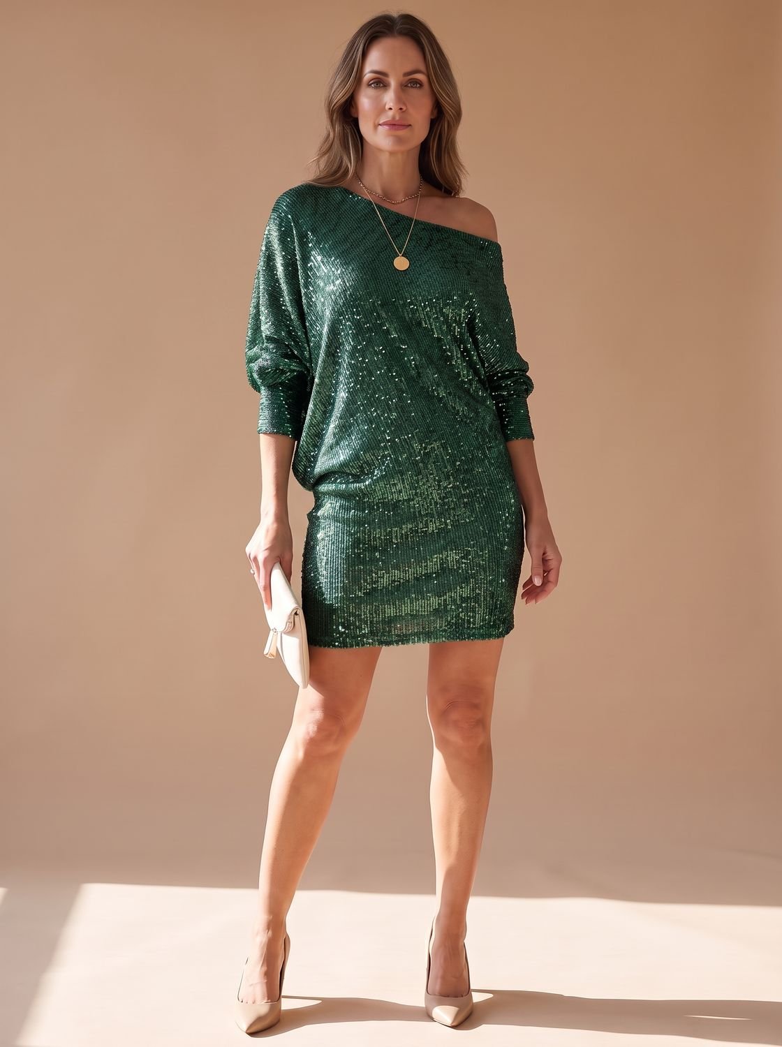 Women's Sequin One-Shoulder Mini Christmas Party Dress - Dark Green