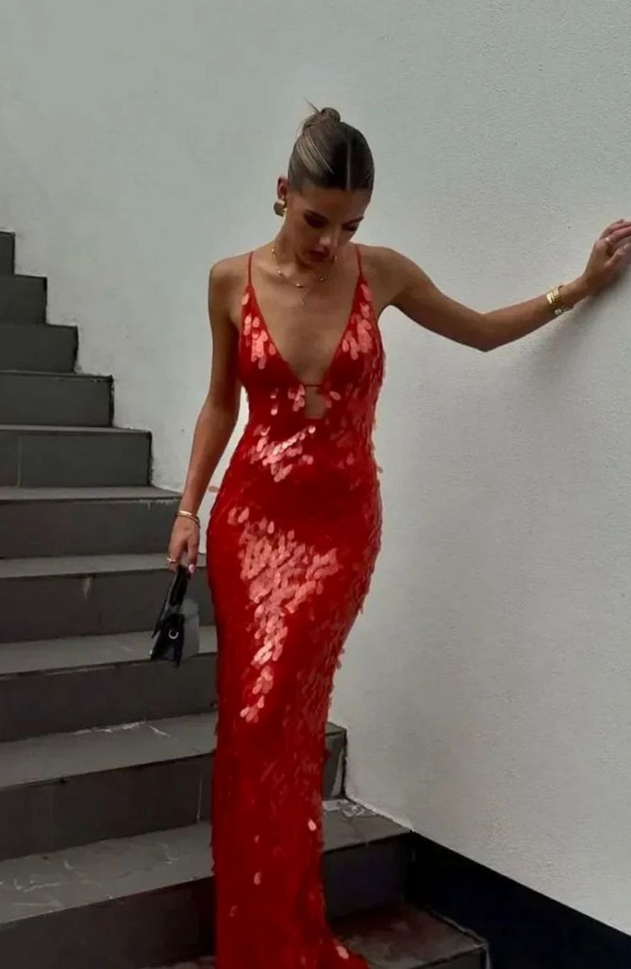 Women's Sequin Plunge-Neck Spaghetti-Strap Maxi Party Dress - Red