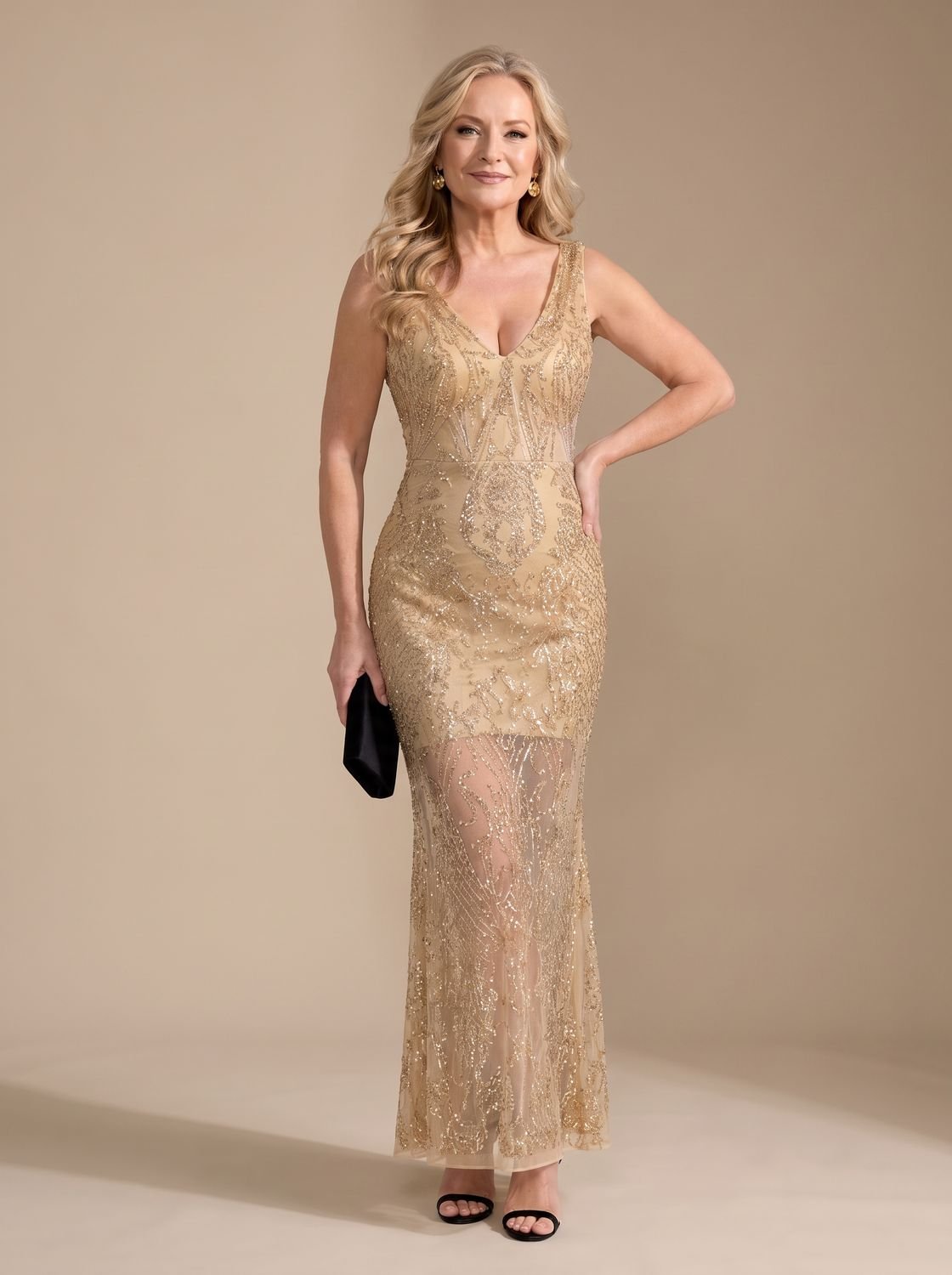 Women's Sequin Sheer Panel Fitted Maxi Christmas Party Dress - Beige