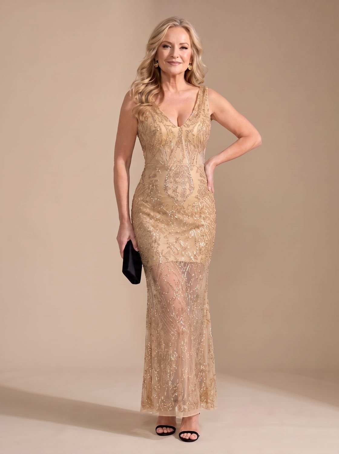 Women's Sequin Sheer Panel Fitted Maxi Christmas Party Dress