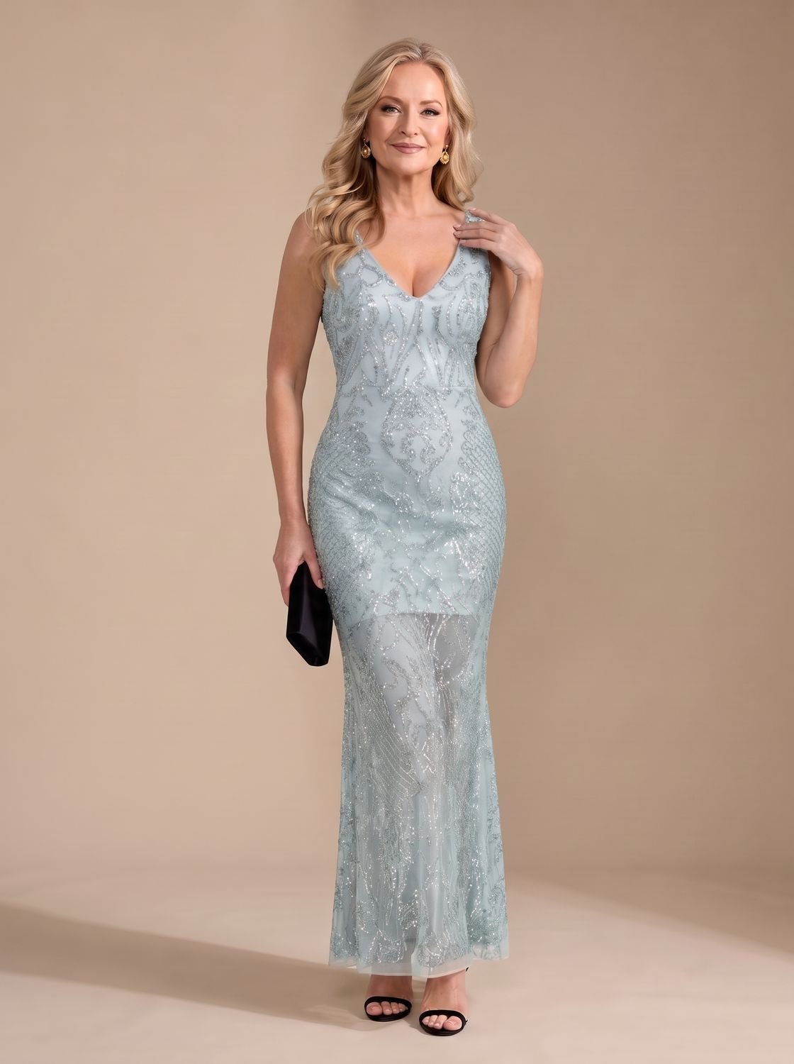 Women's Sequin Sheer Panel Fitted Maxi Christmas Party Dress - Sky Blue