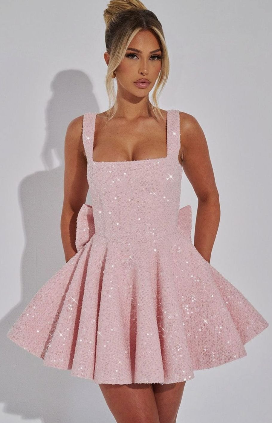 Women's Sequin Square-Neck A-Line Mini Party Dress - Pink