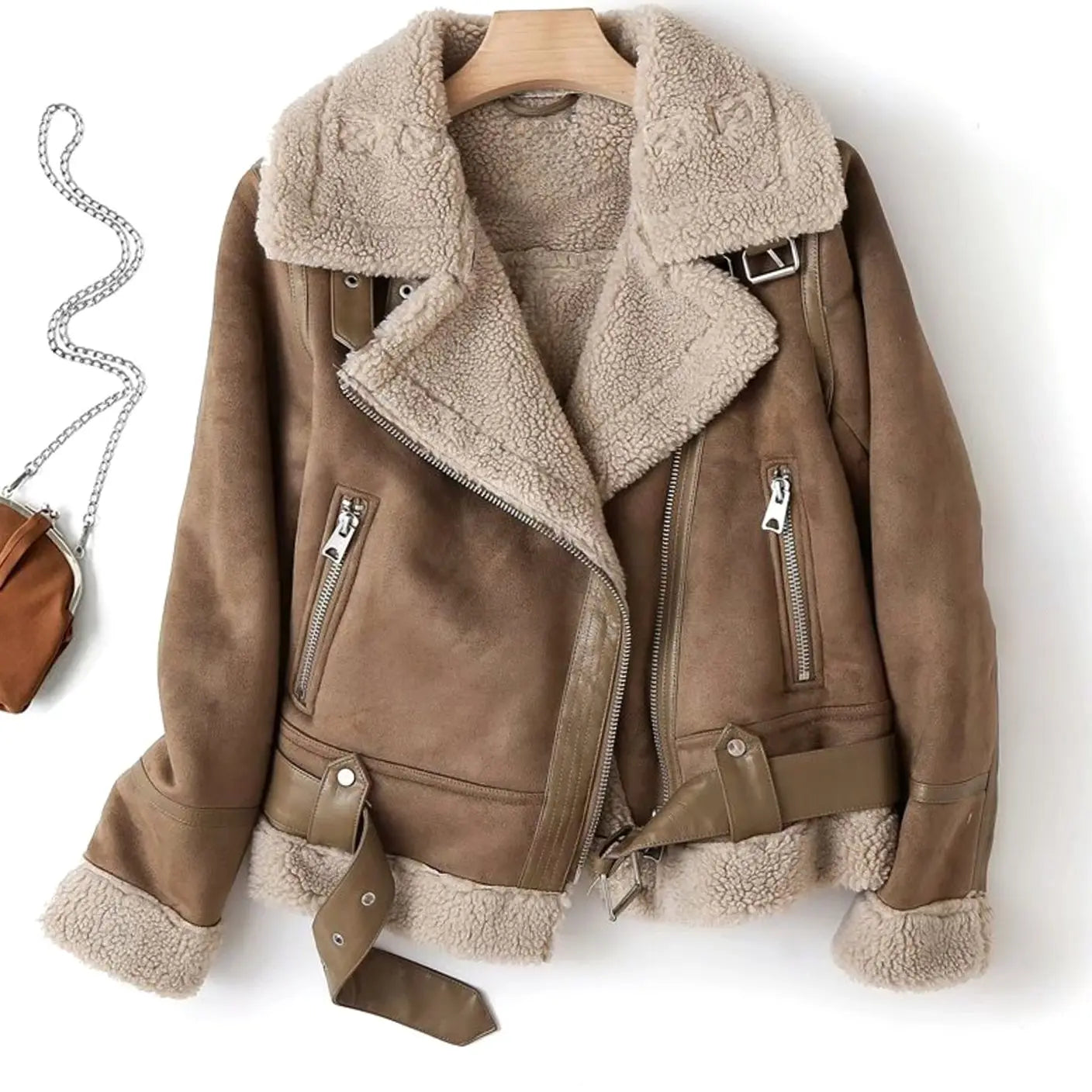 Women's Shearling-Lined Belted Suede Moto Jacket - Brown