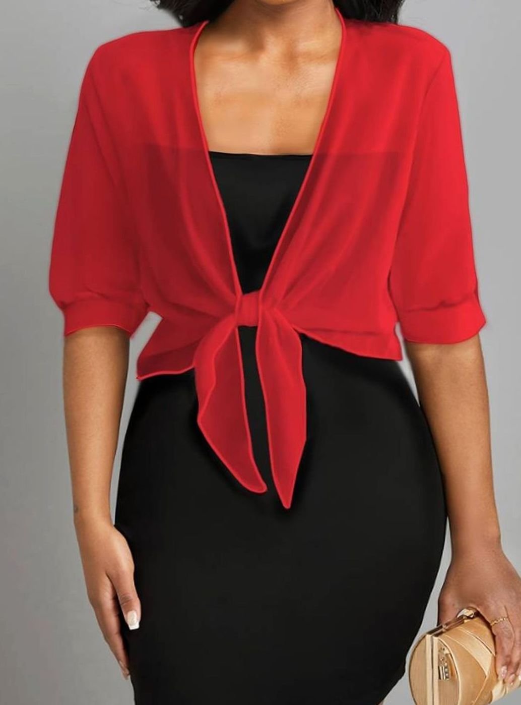 Women's Sheer Chiffon Tie-Front Half-Sleeve Cardigan - Red