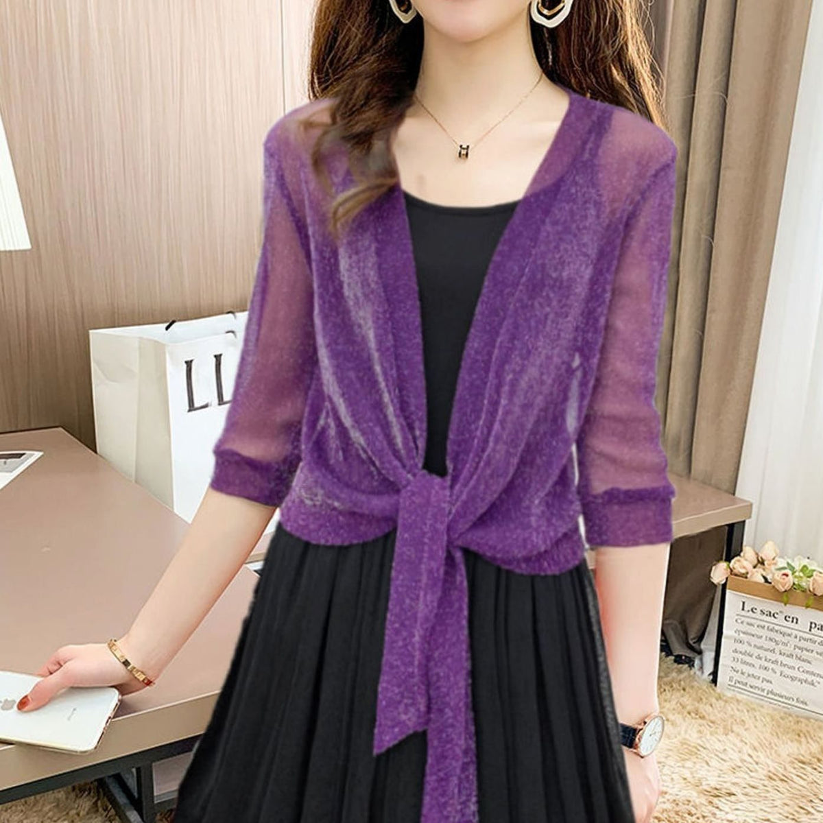 Women's Sheer Chiffon Tie-Front Half-Sleeve Cardigan - Lilac