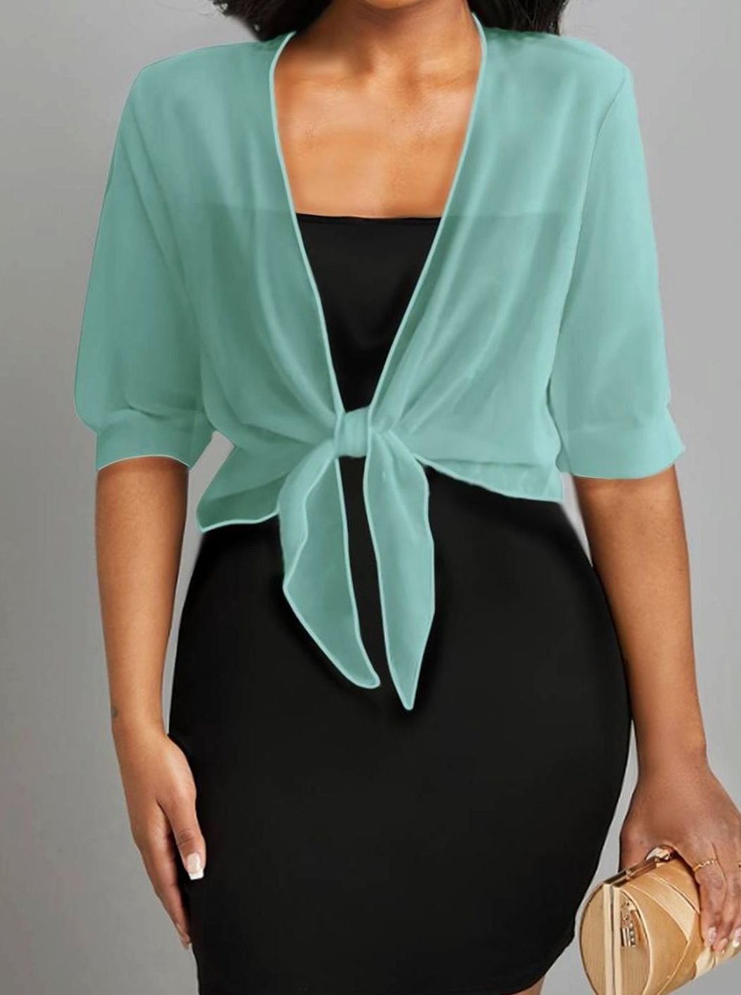 Women's Sheer Chiffon Tie-Front Half-Sleeve Cardigan - Emerald