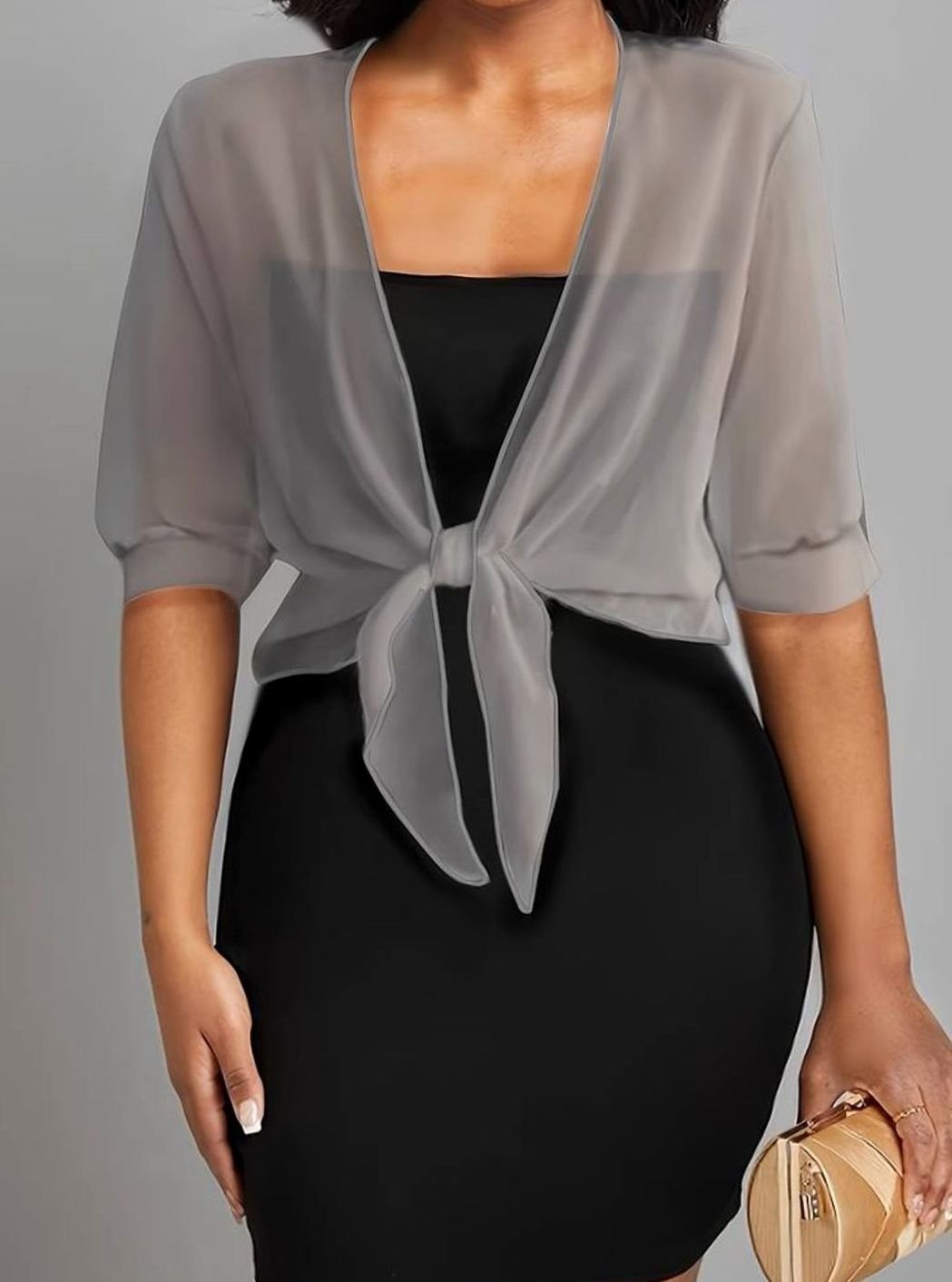 Women's Sheer Chiffon Tie-Front Half-Sleeve Cardigan - Light Grey