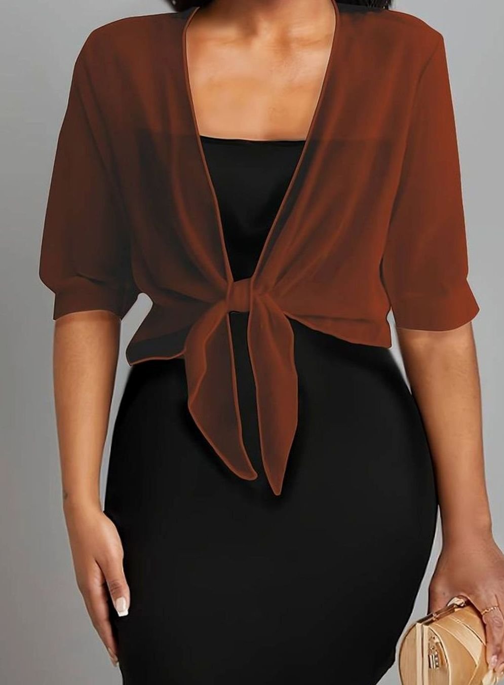 Women's Sheer Chiffon Tie-Front Half-Sleeve Cardigan - Caramel