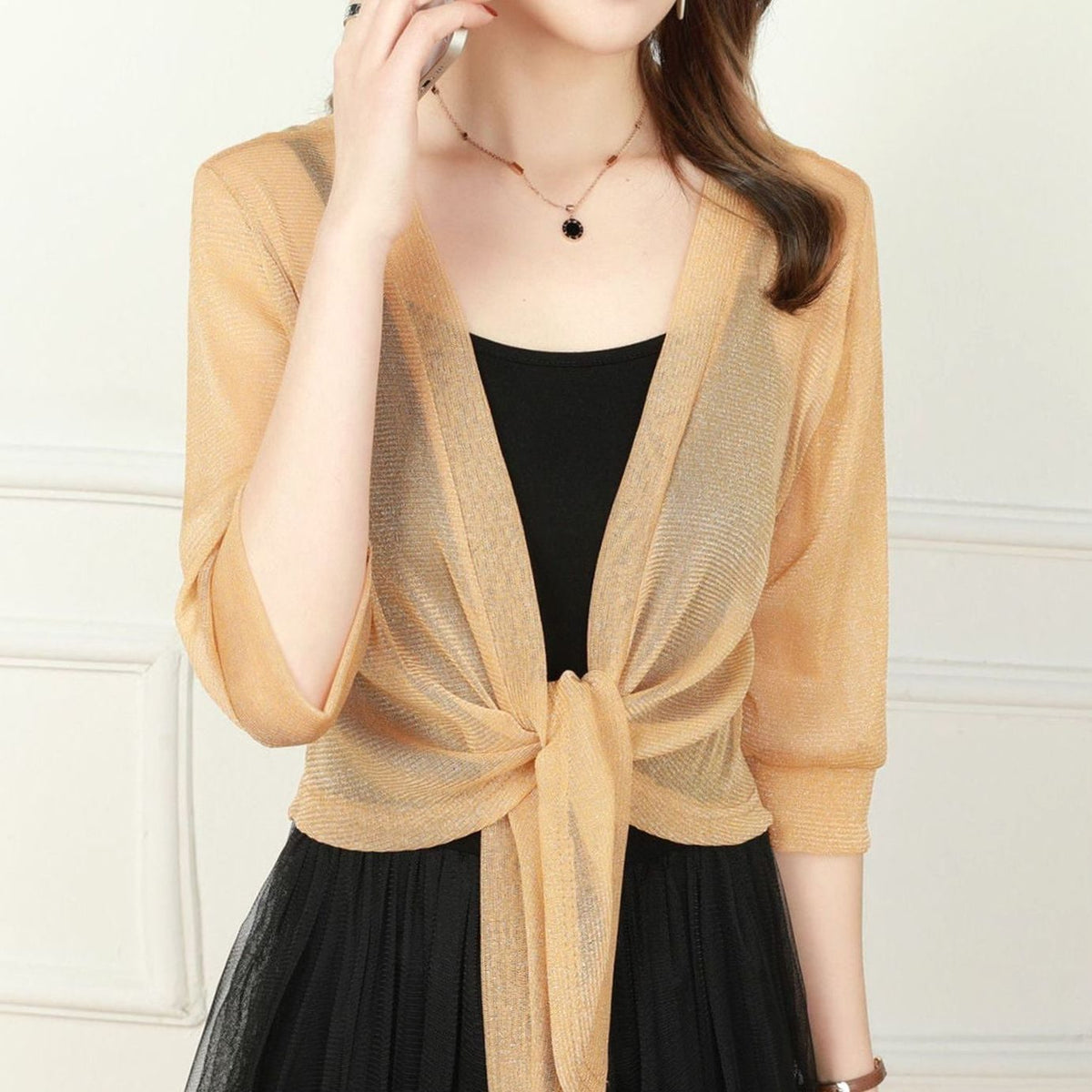 Women's Sheer Chiffon Tie-Front Half-Sleeve Cardigan - Sunshine Yellow