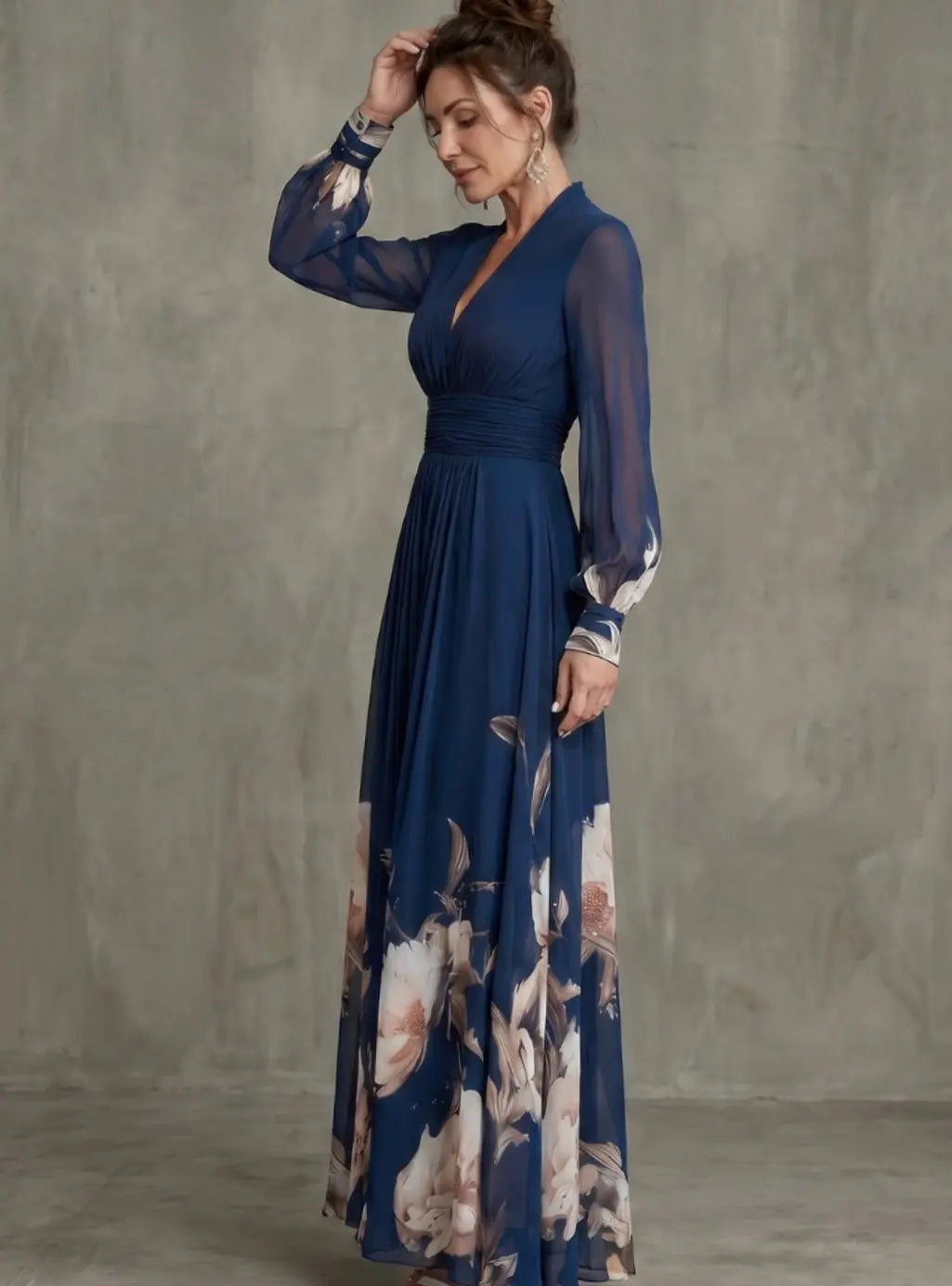 Women's Sheer Long Sleeve Pleated V-Neck Maxi Dress