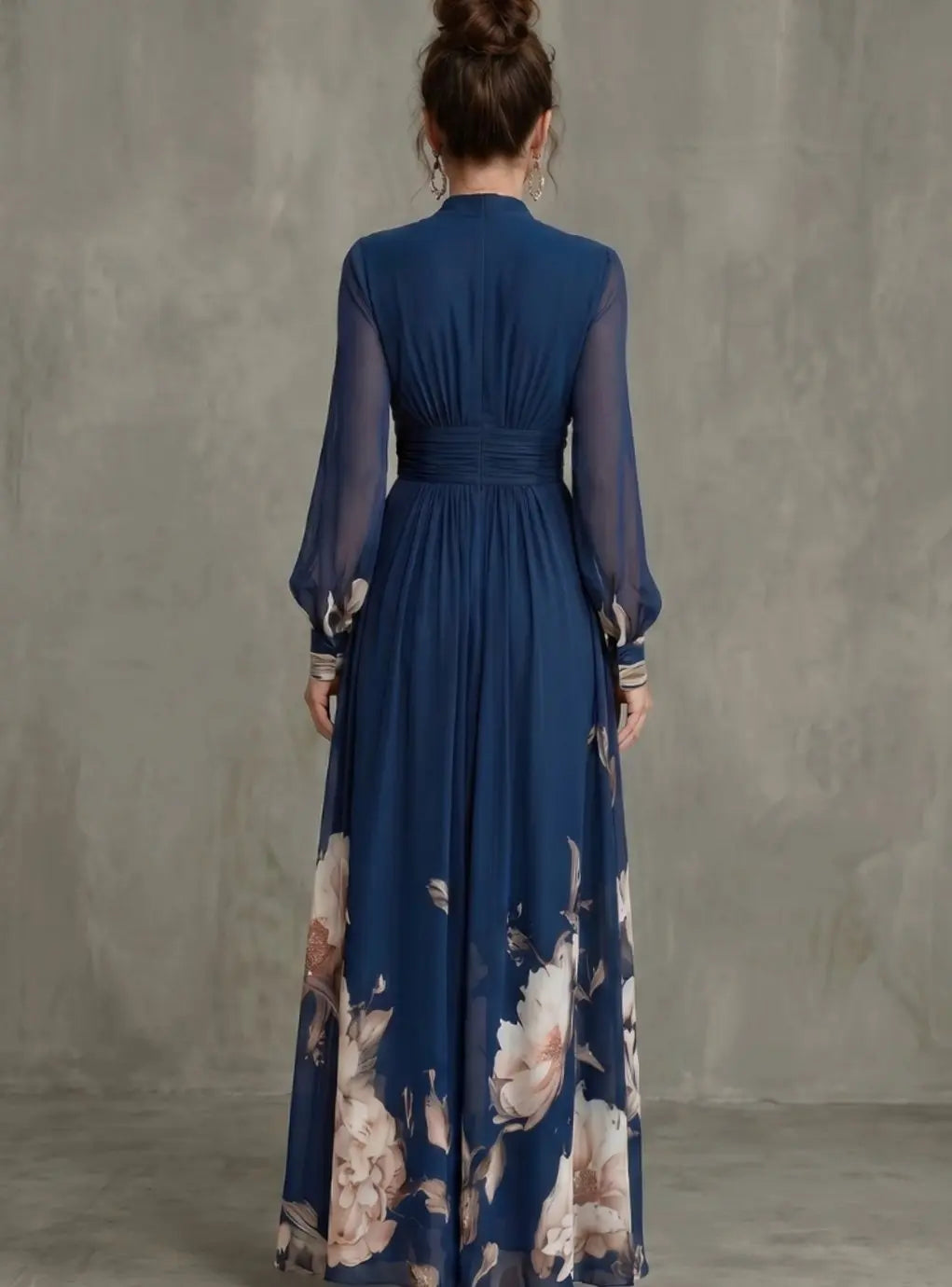 Women's Sheer Long Sleeve Pleated V-Neck Maxi Dress