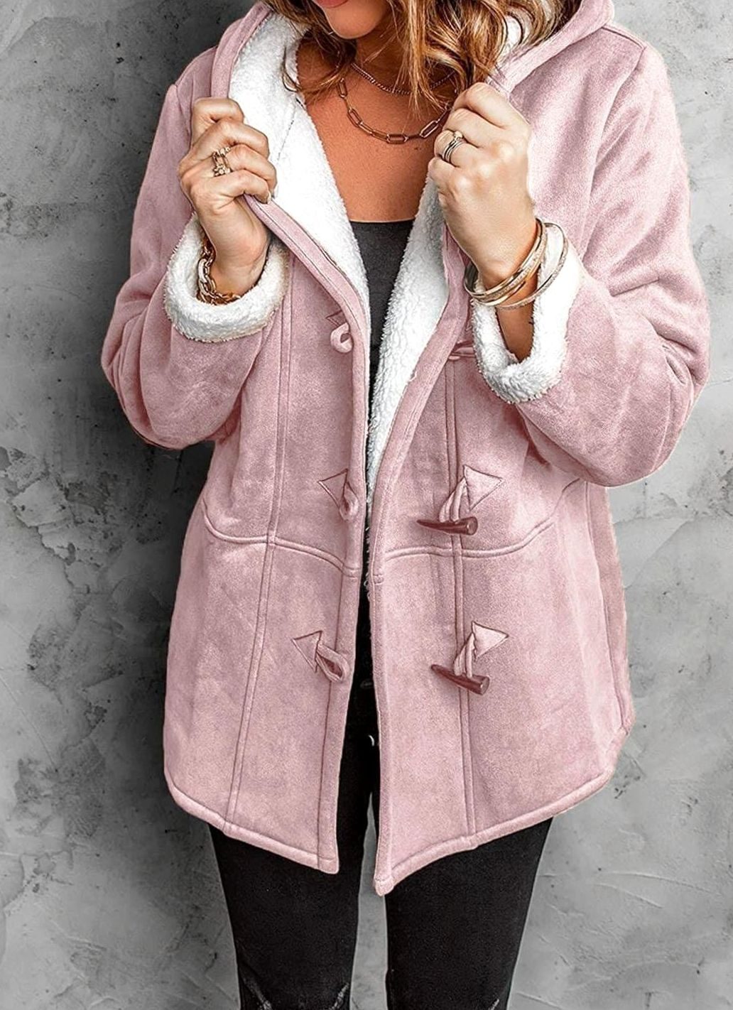 Women's Sherpa-Lined Hooded Duffle Coat Toggle Buttons - Pink