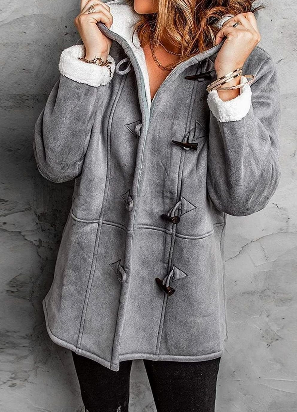 Women's Sherpa-Lined Hooded Duffle Coat Toggle Buttons - Grey