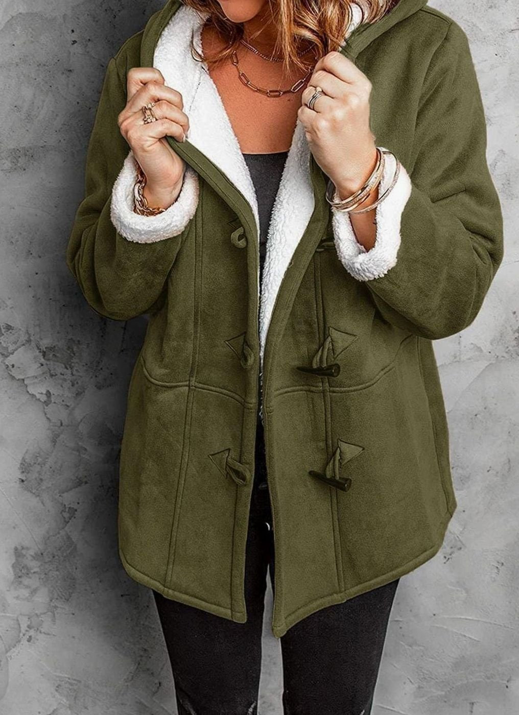 Women's Sherpa-Lined Hooded Duffle Coat Toggle Buttons - Military Green