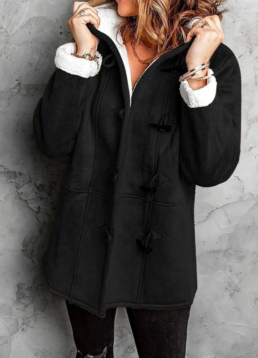 Women's Sherpa-Lined Hooded Duffle Coat Toggle Buttons - Black