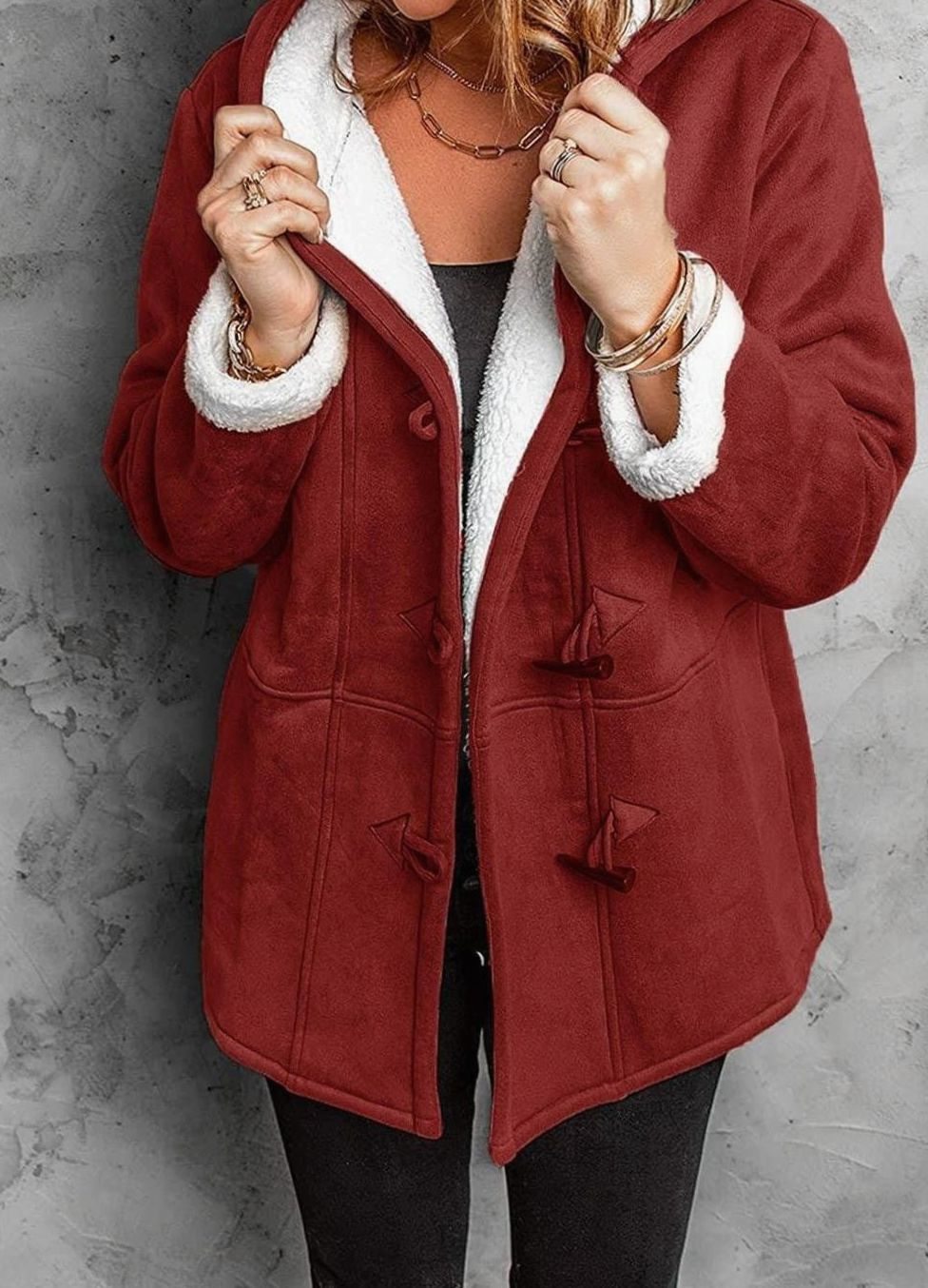 Women's Sherpa-Lined Hooded Duffle Coat Toggle Buttons - Red