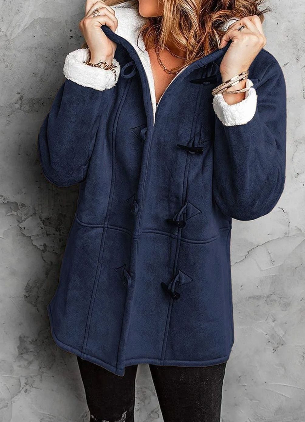 Women's Sherpa-Lined Hooded Duffle Coat Toggle Buttons - Dark Blue